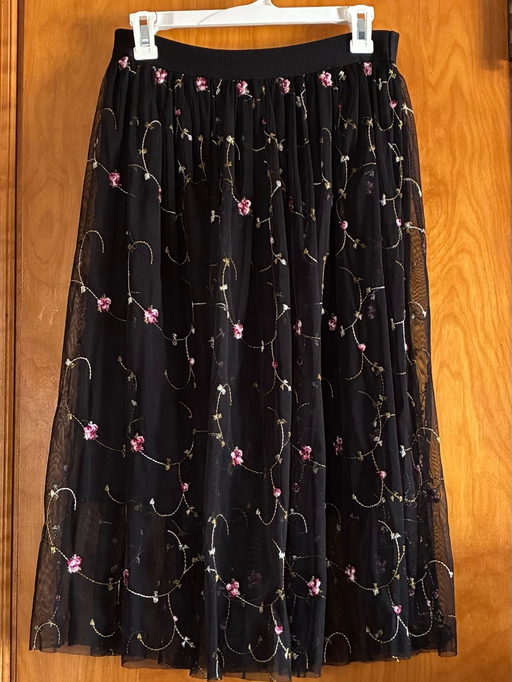 Black Midi Skirt with Pink & Gold Floral Embroidery Overlay